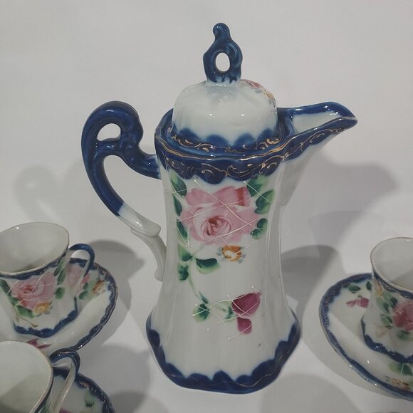 Nippon Hand Painted CHOCOLATE POT Cobalt Blue Gold Florial 12pc Set Antique - Picture 5 of 16